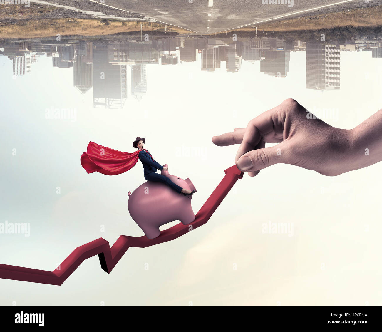 Red growing arrow and businesswoman riding on piggy bank Stock Photo ...