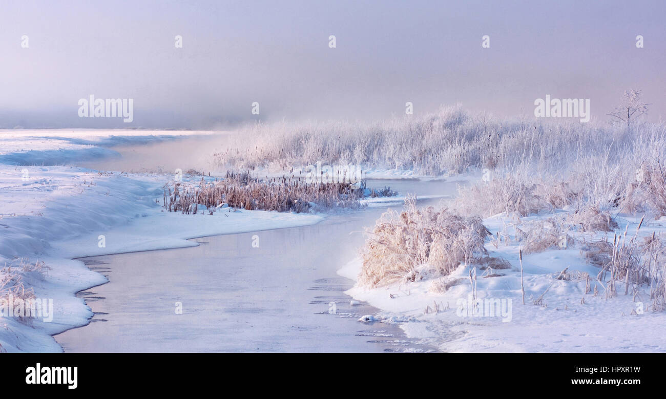 Misty winter landscape with winter river begins freeze Stock Photo