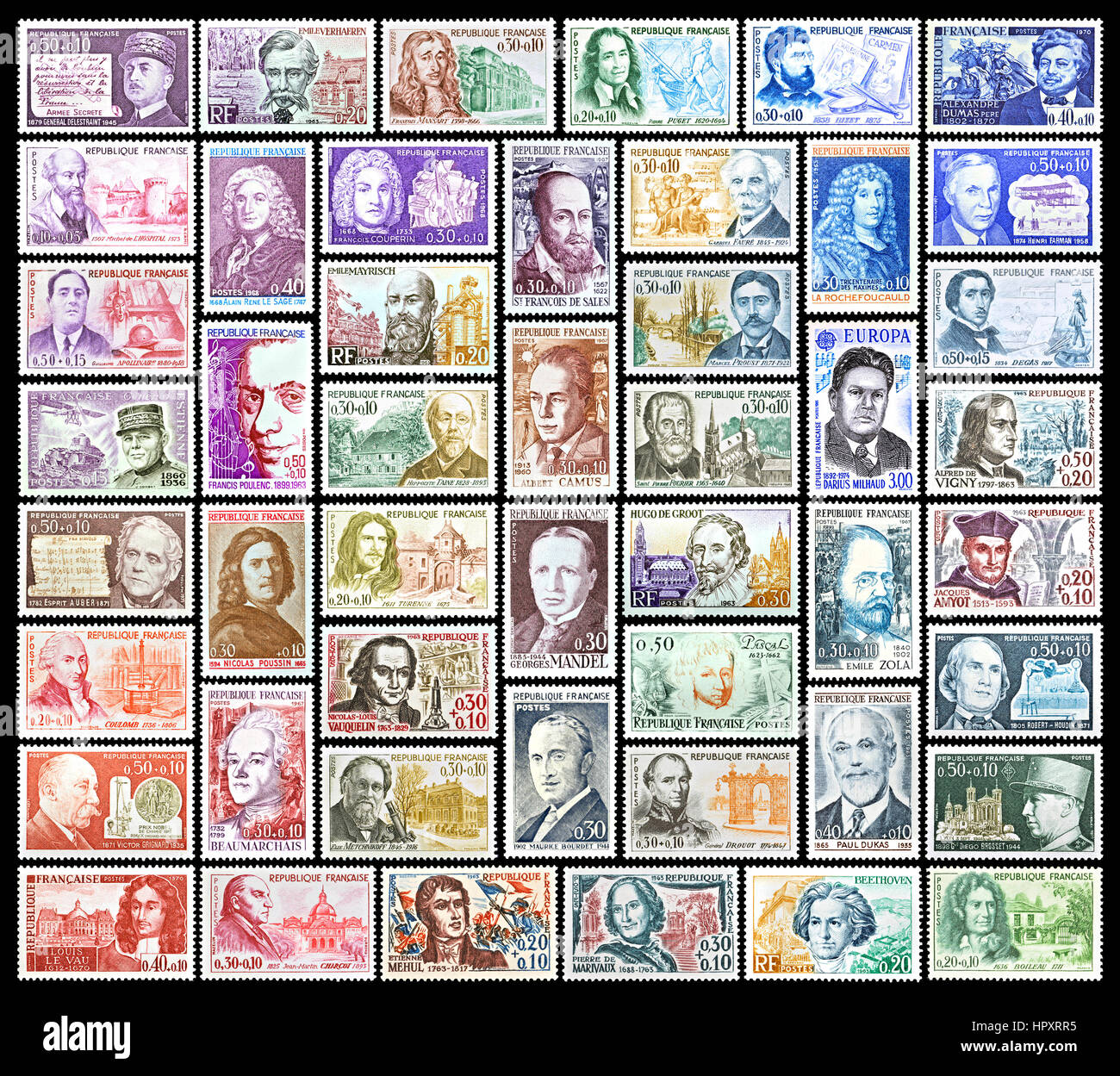French postage stamps showing historical figures (all men) Stock Photo