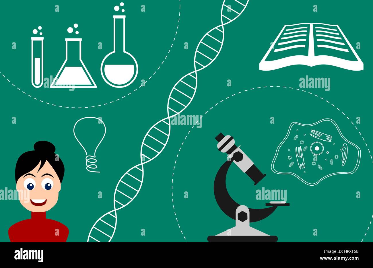 Biology science concept. Female scientist or teacher with cell structure,  lab equipment, idea symbol. Book, microscope, DNA spiral, chalkboard.  Vector Stock Vector Image & Art - Alamy
