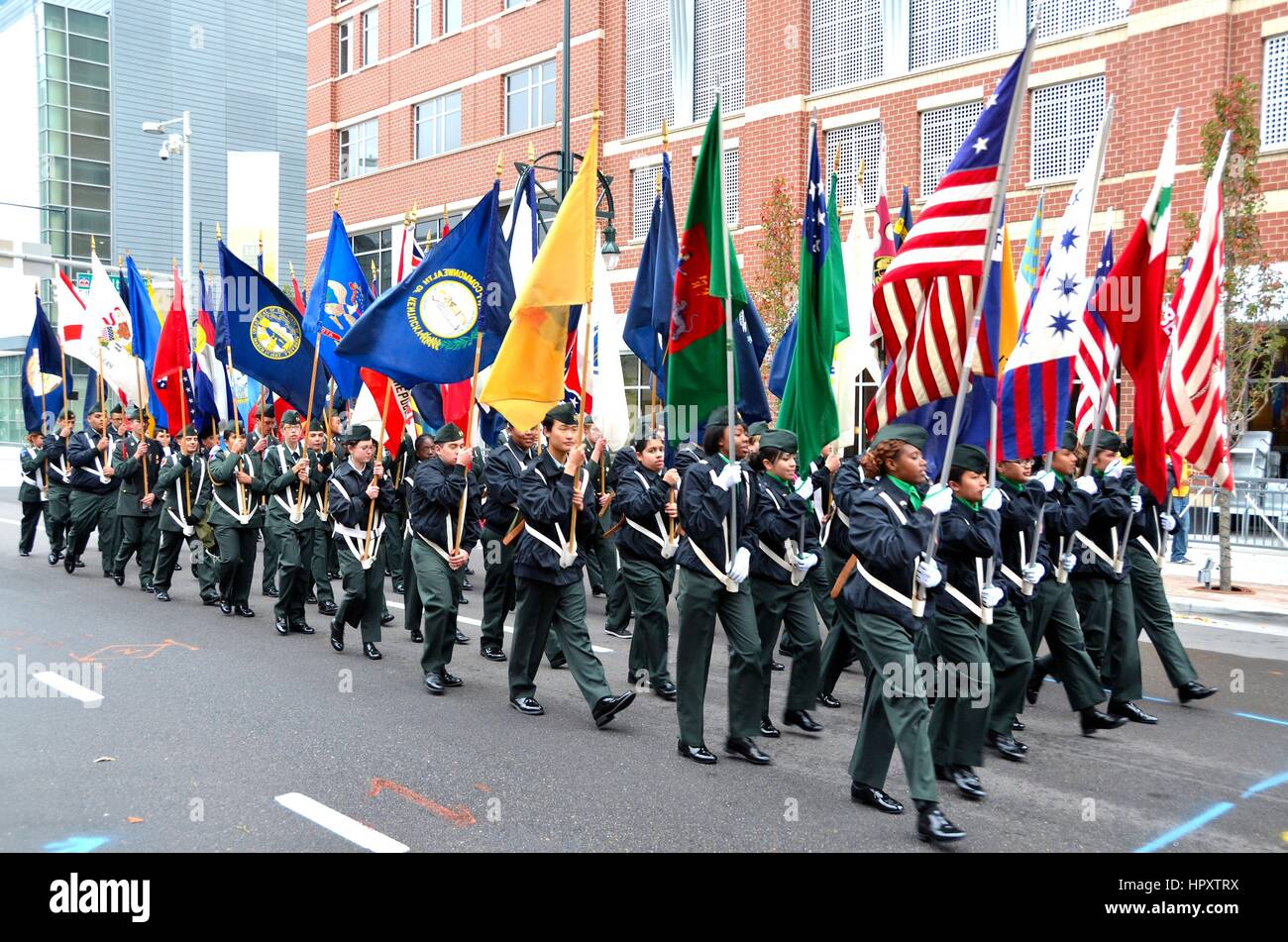 Soldiers marching in Veterans Day Parade Stock Photo