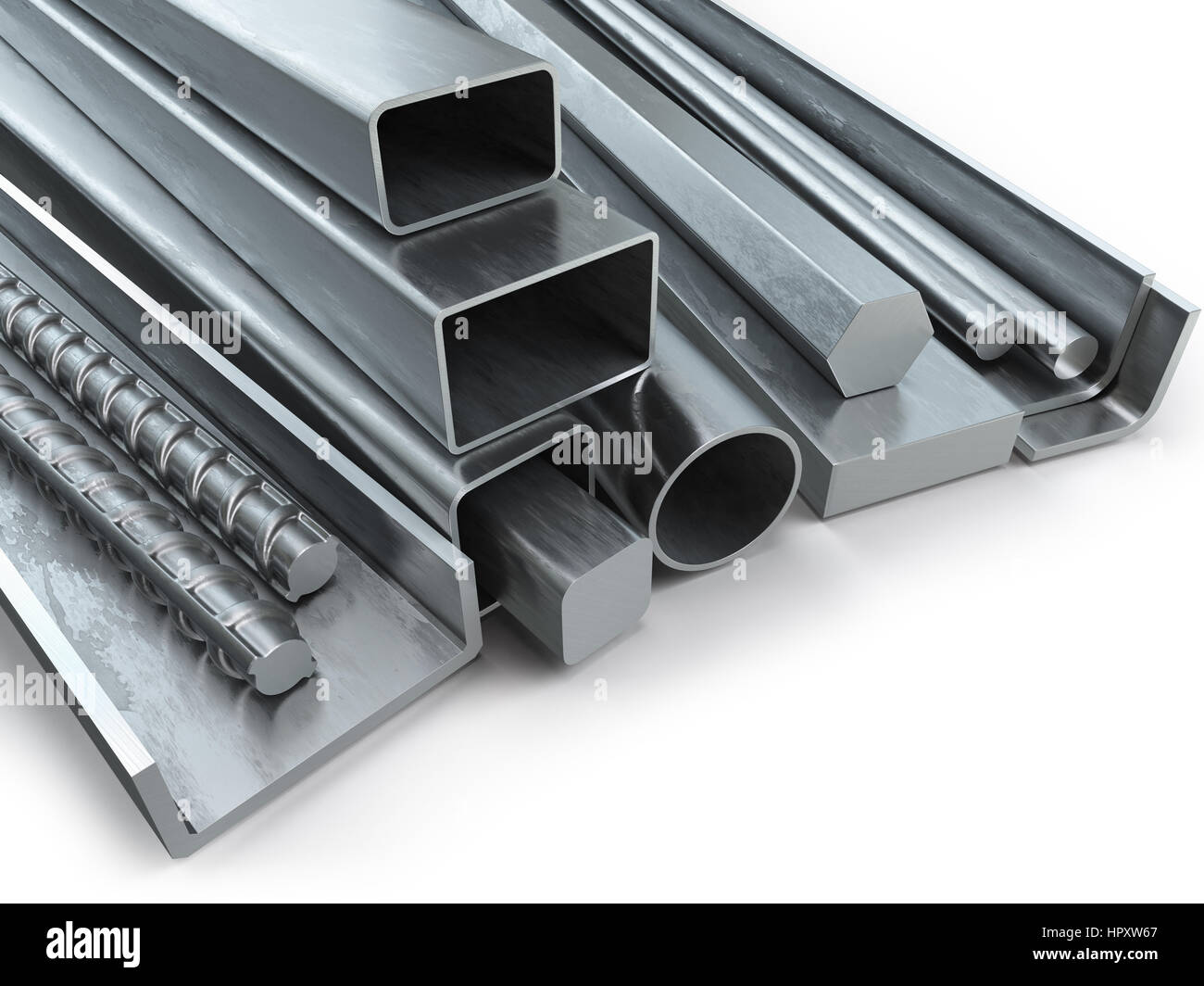 Different metal products. Stainless steel profiles and tubes. 3d illustration Stock Photo