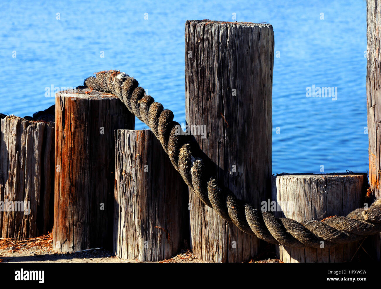Dock pilings, in varying heights, form barrier between land and sea.  Thick twisted rope lays across wooden fence. Stock Photo
