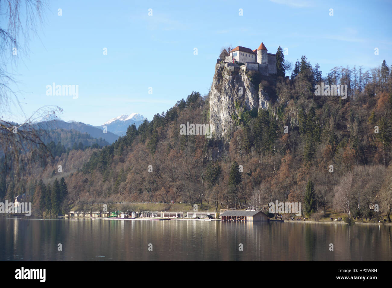 Bled with lake, island and mountains in background, Slovenia, Stock Photo