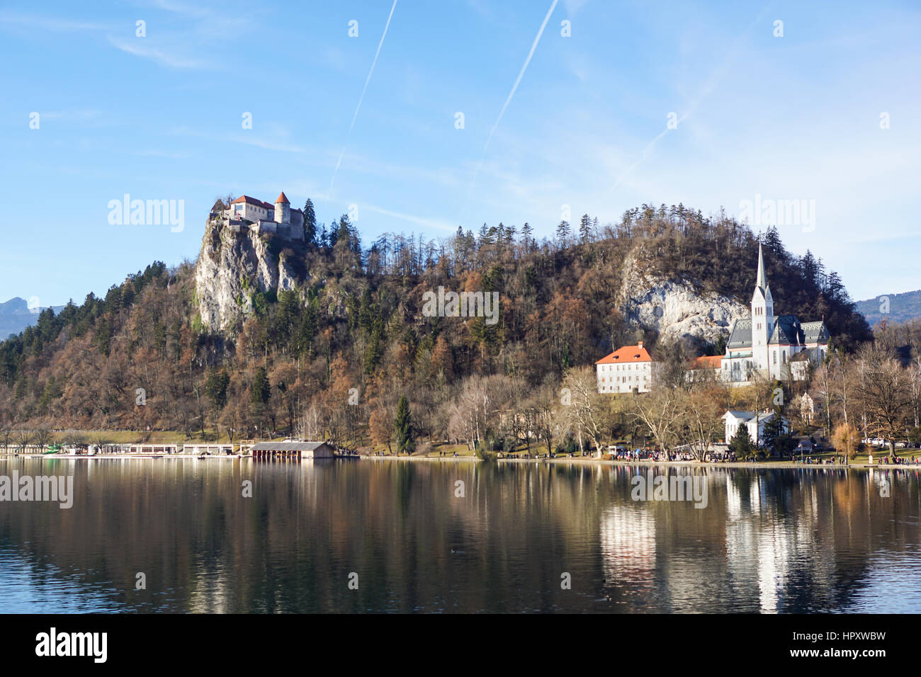 Bled with lake, island and mountains in background, Slovenia, Stock Photo