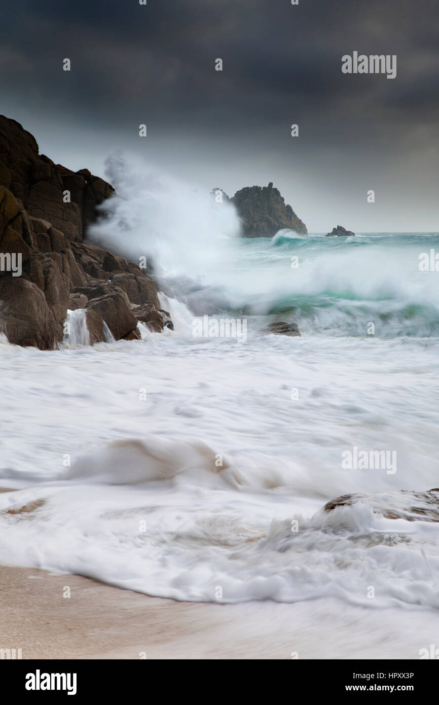 Porthcurno; Waves Breaking; Cornwall; UK Stock Photo