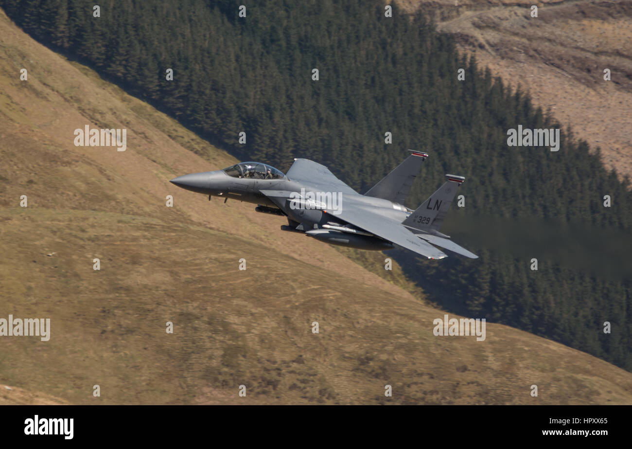 American F15 Strike Eagle low level training in Wales Stock Photo