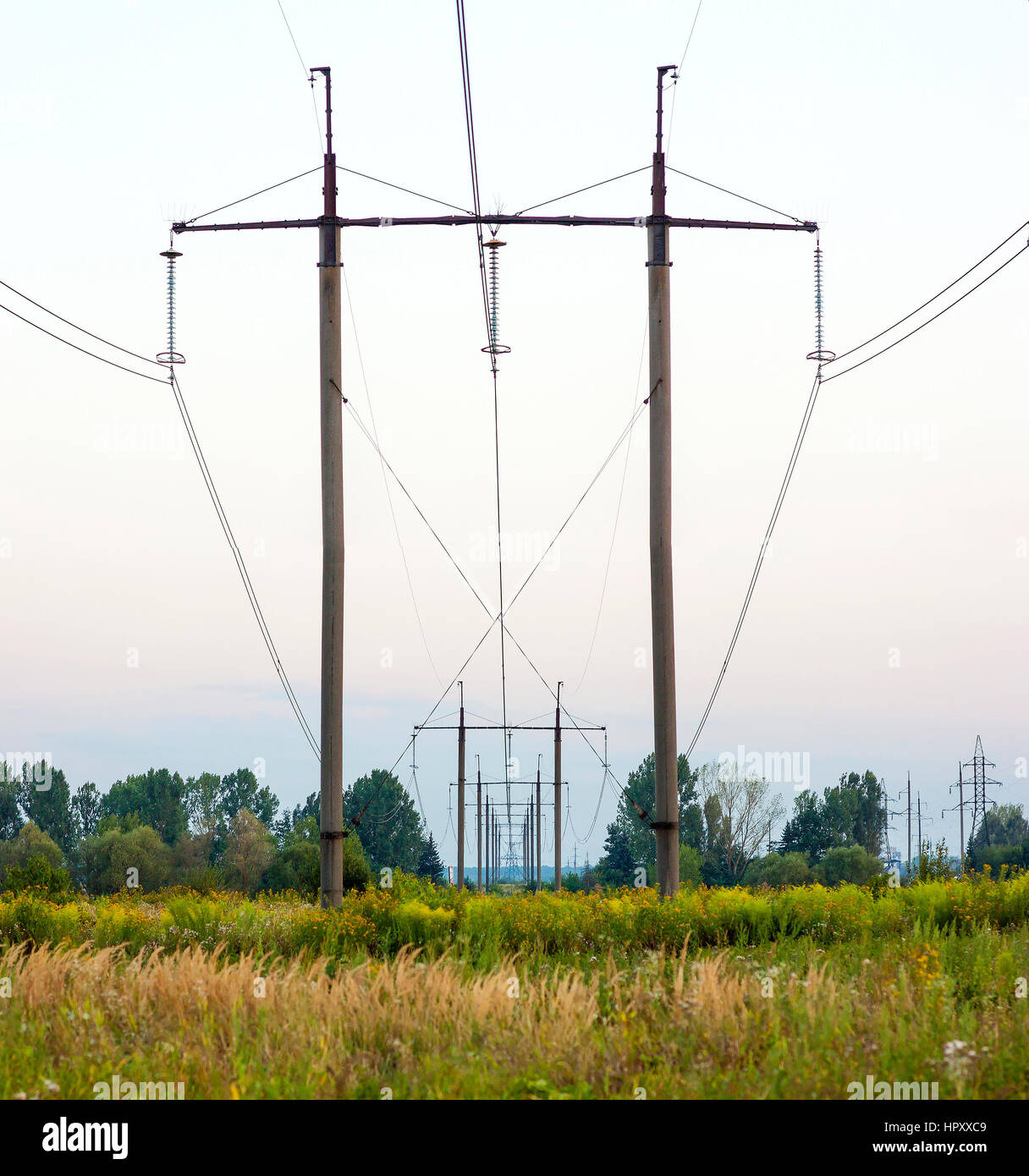 Electricity Pylons Trailing Away in Field. Powertransmission poles in