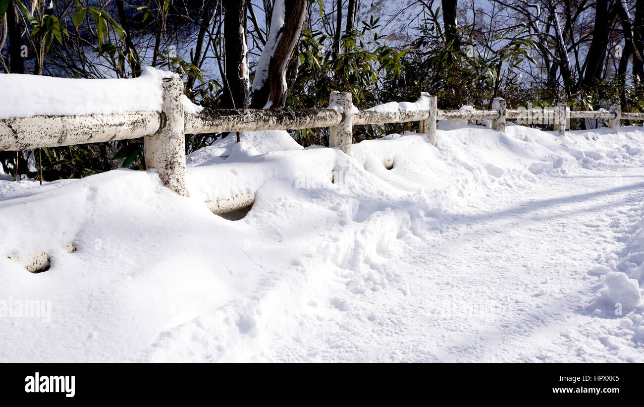 Snow walkway and railing in the forest Noboribetsu onsen snow winter national park in Jigokudani, Hokkaido, Japan Stock Photo