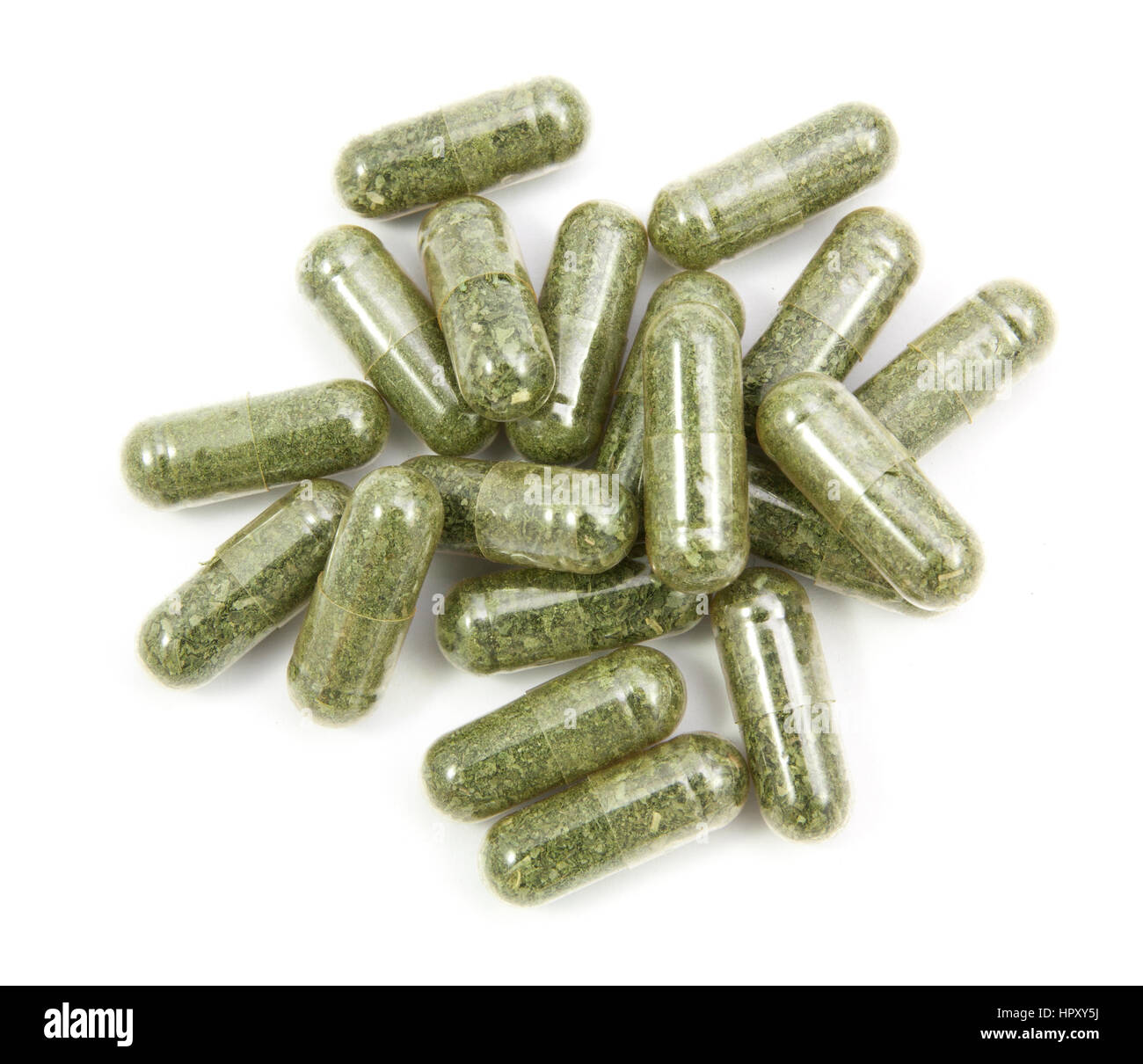 close up andrographis paniculata herbal antipyretic capsules isolated on-white Stock Photo