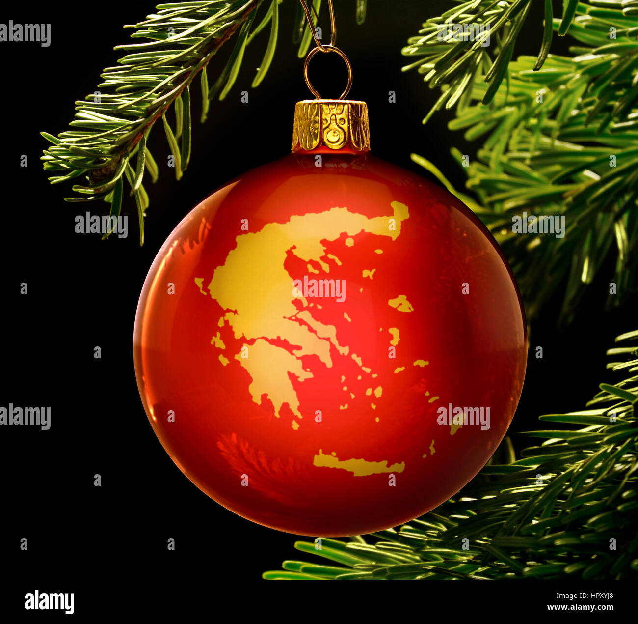 a red bauble with the golden shape of greece hanging on a christmas tree isolated on - Greek Christmas Decorations a red bauble with the golden shape of greece hanging on a christmas tree isolated on - Greek Christmas Decorations