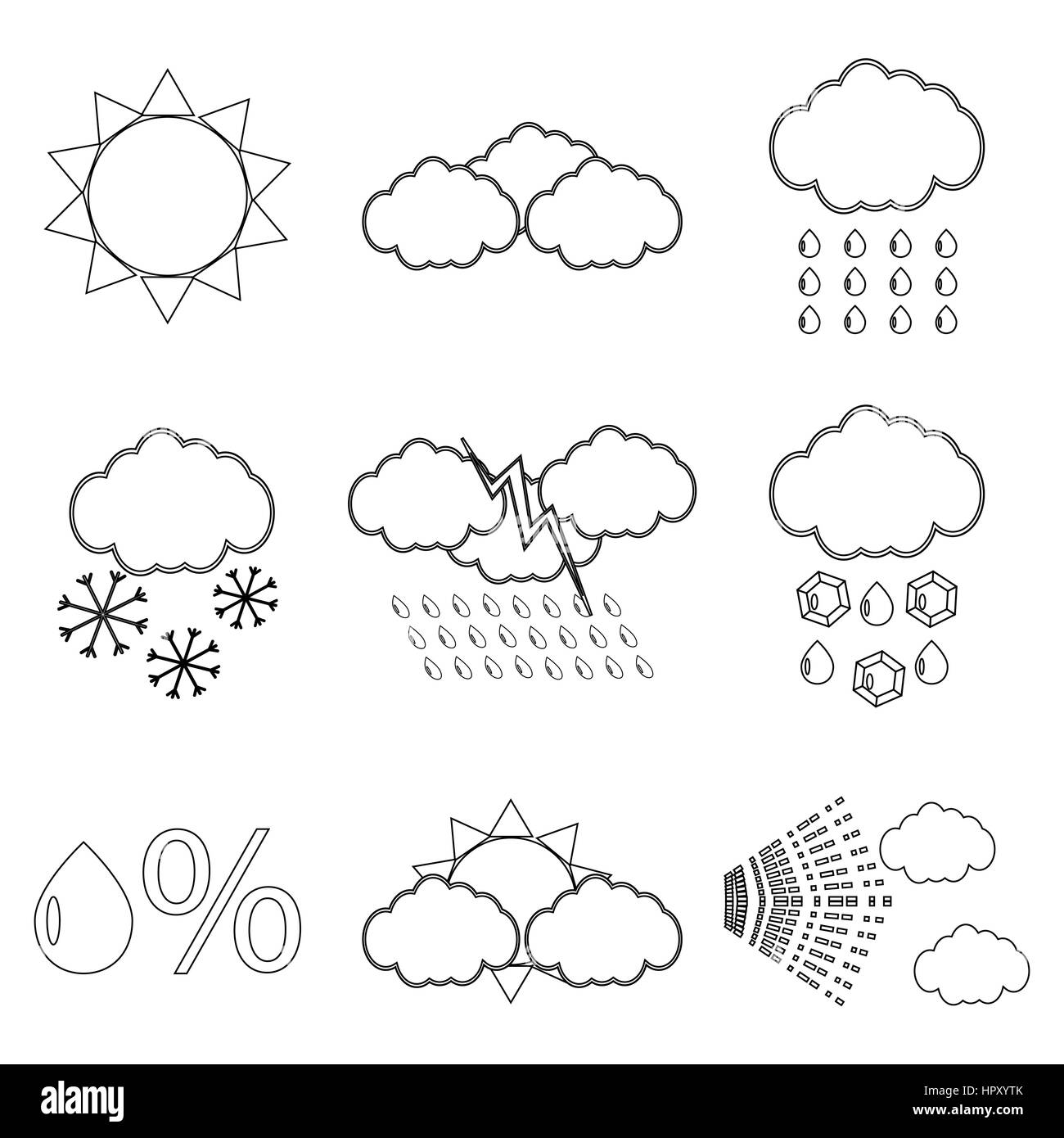 Weather icon set linear. Snowflake and lightning, snow and rain, vector ...