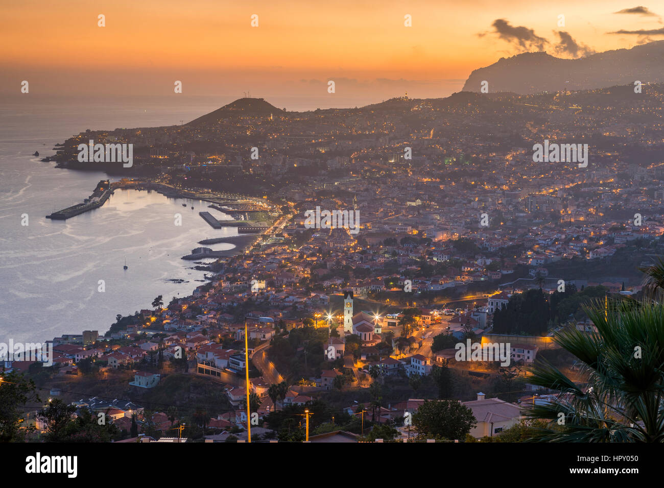 Panoramic view of Funchal at sunset from Neves viewpoint, Madeira, Portugal. Stock Photo