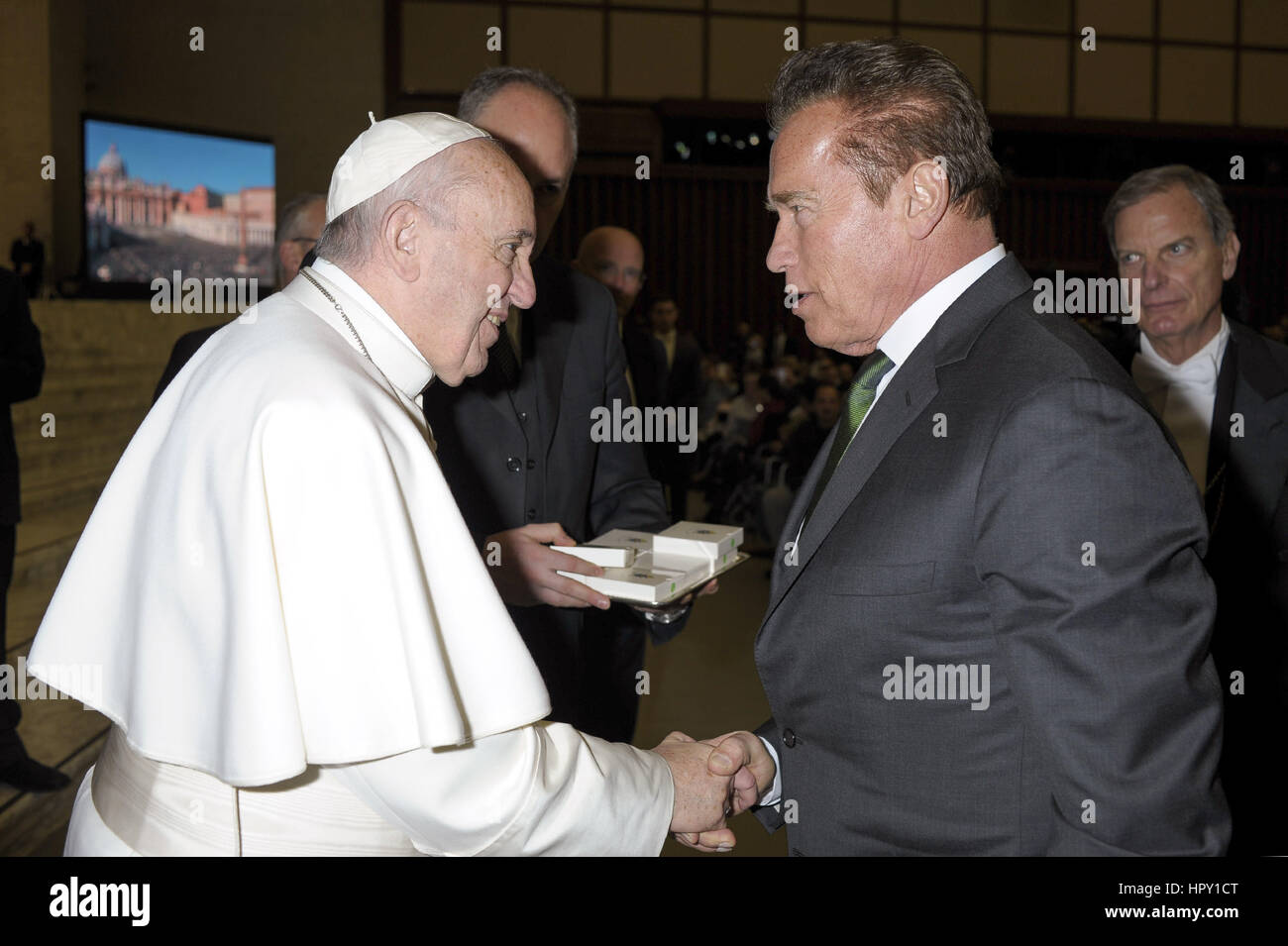 Pope Francis greets US actor and former governor of California Arnold Schwarzenegger during his weekly audience at the Paul VI Hall at the Vatican  Featuring: Arnold Schwarzenegger, Pope Francis Where: Rome, Italy When: 25 Jan 2017 Credit: IPA/WENN.com  **Only available for publication in UK, USA, Germany, Austria, Switzerland** Stock Photo