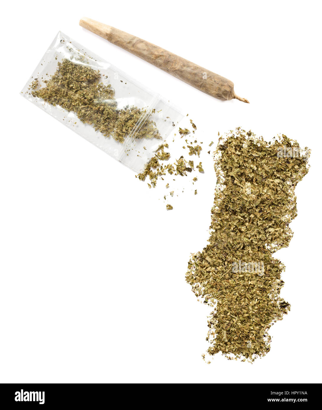 Grinded weed shaped as Portugal and a joint.(series Stock Photo Alamy