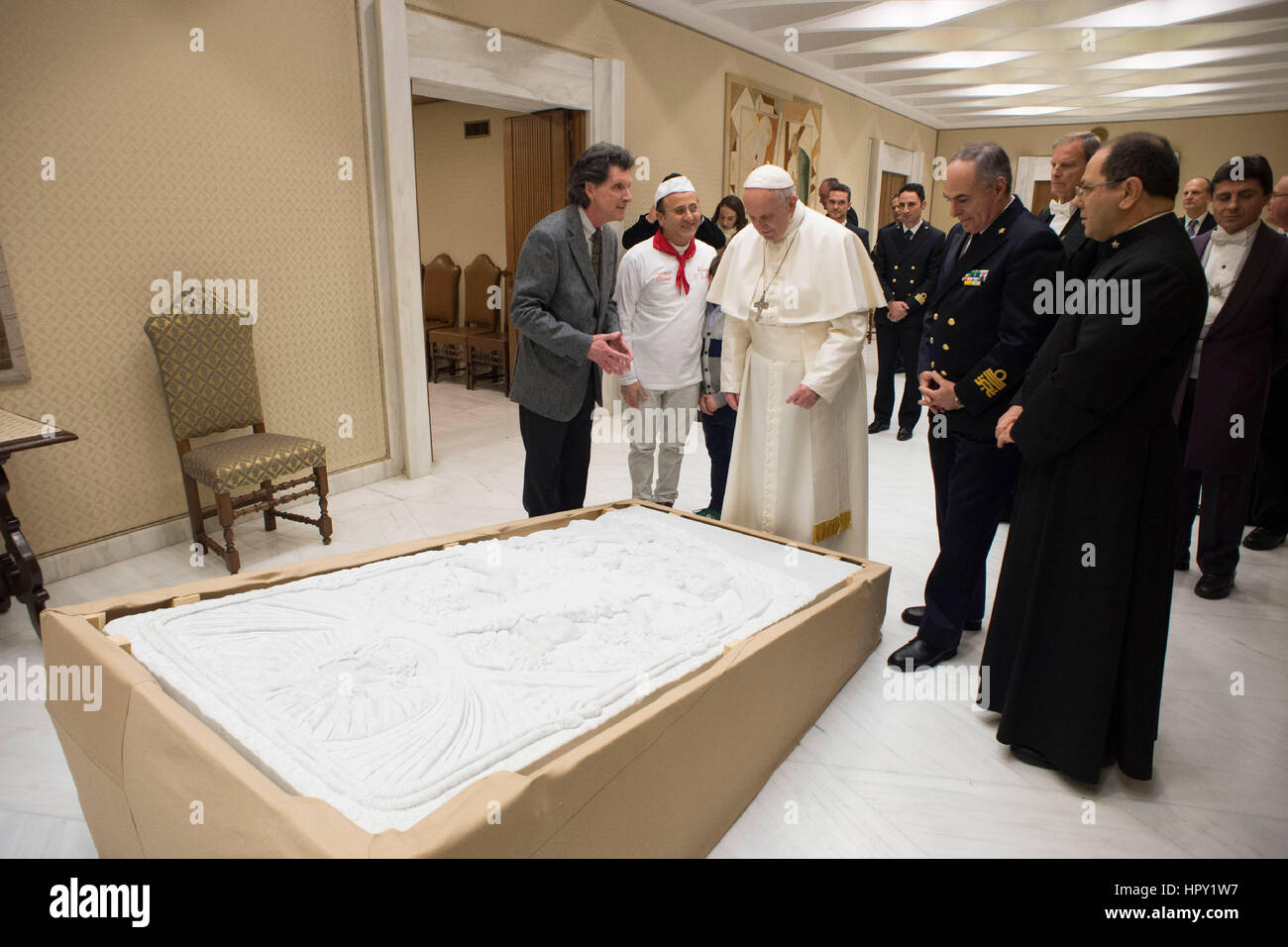 Pope Francis blesses a sculpture for Lampedusa before the general audience at the Vatican  Featuring: Pope Francis Where: Rome, Italy When: 25 Jan 2017 Credit: IPA/WENN.com  **Only available for publication in UK, USA, Germany, Austria, Switzerland** Stock Photo