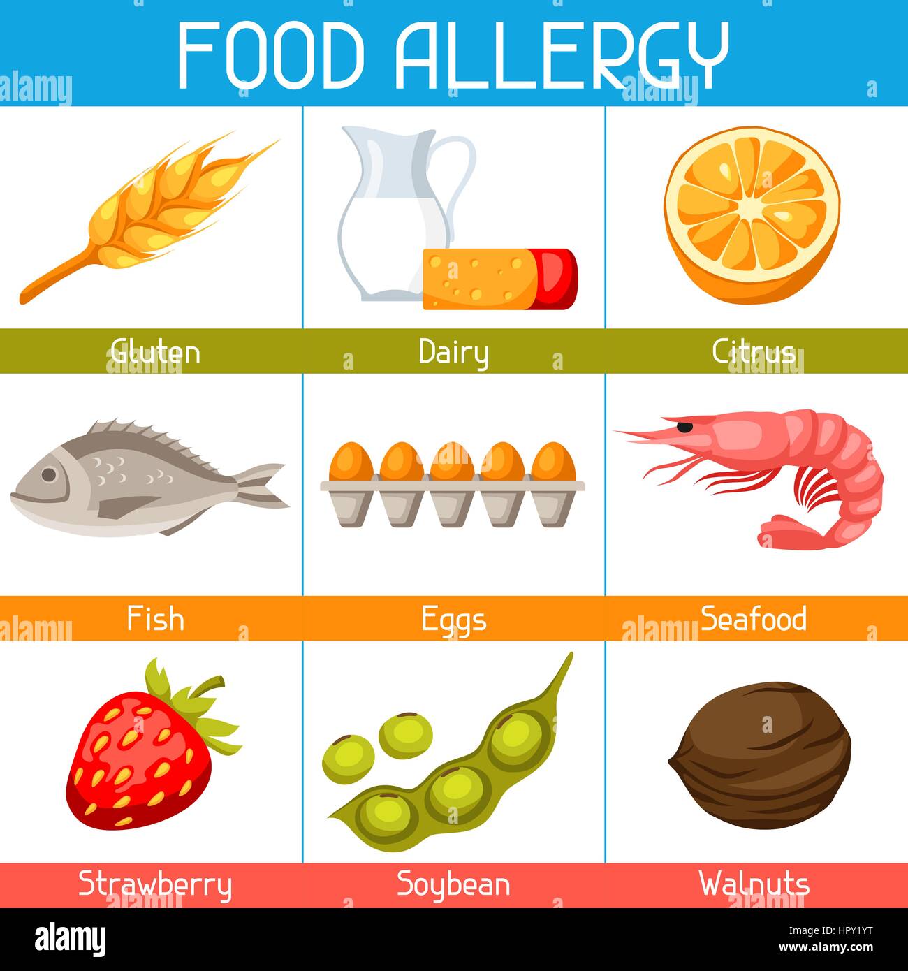 Food allergy background with allergens and symbols. Vector illustration for medical websites advertising medications Stock Vector