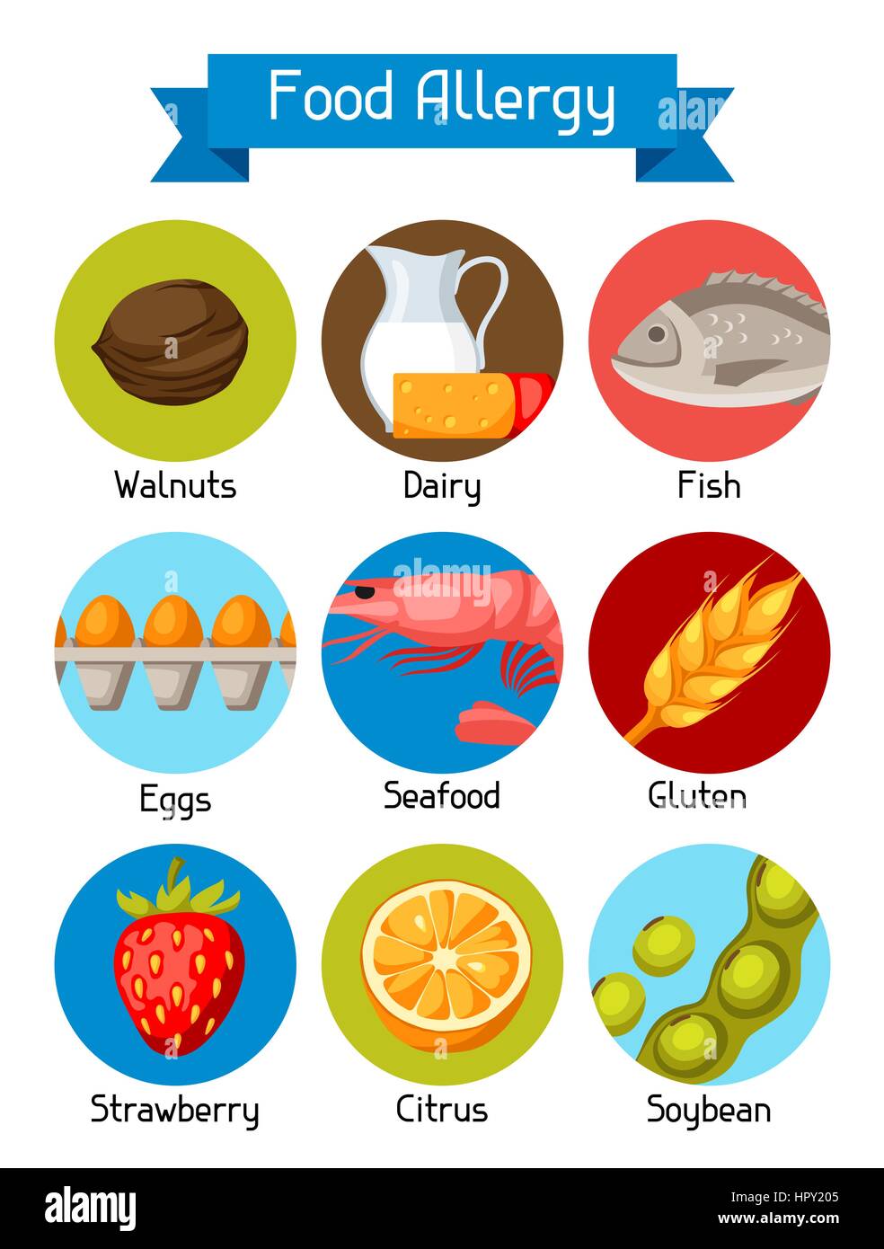 Food allergy background with allergens and symbols. Vector illustration