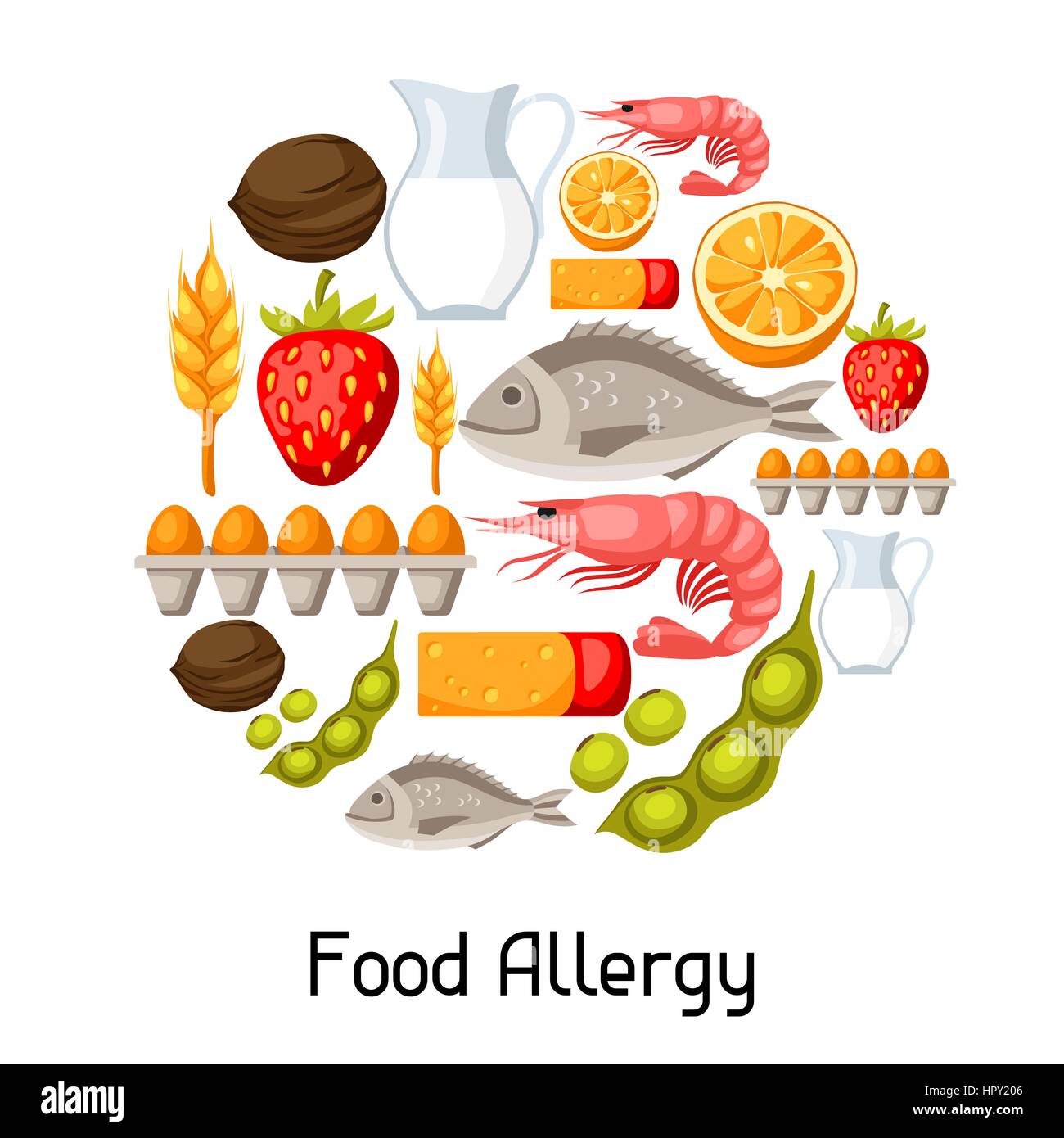 Food allergy background with allergens and symbols. Vector illustration for medical websites advertising medications Stock Vector