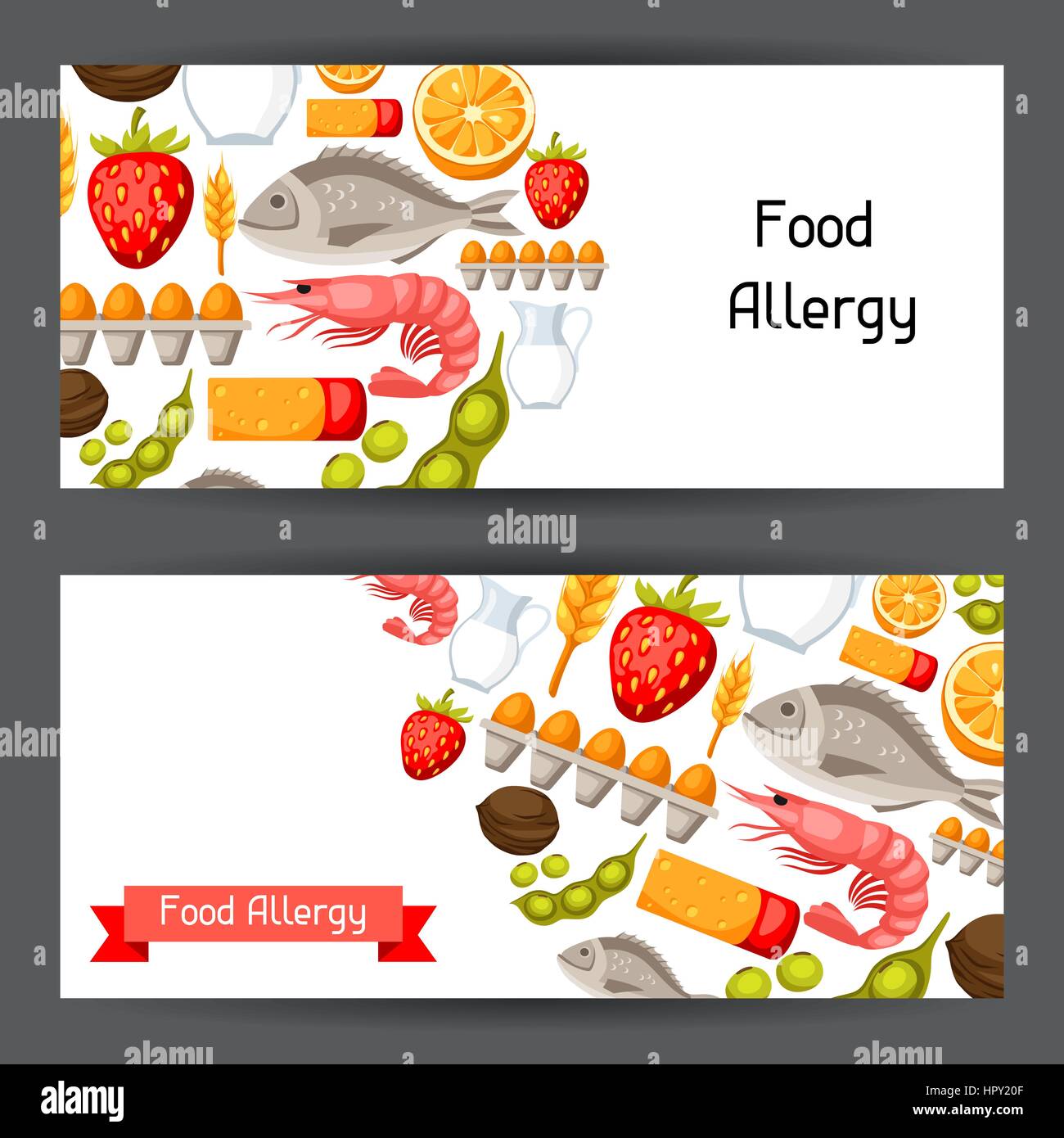 Food allergy banners with allergens and symbols. Vector illustration for medical websites advertising medications Stock Vector