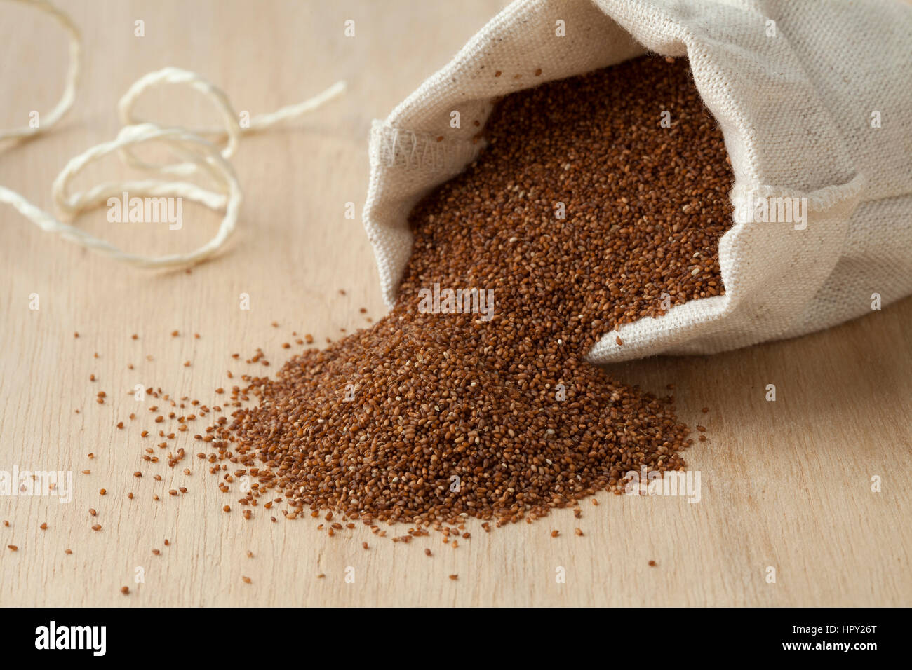 Little open linen pouch with teff seeds Stock Photo