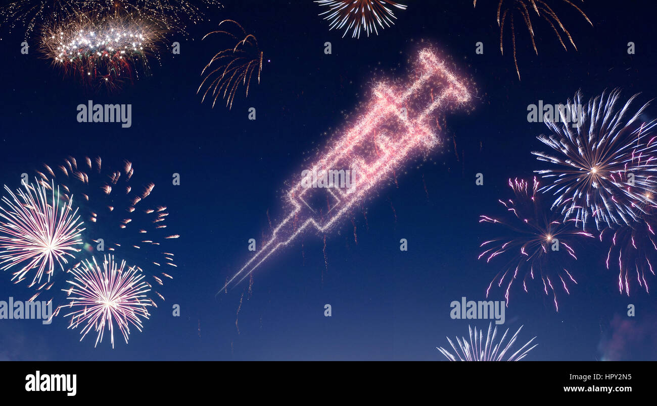 A dark night sky with a sparkling red firecracker in the shape of a syringe composed into.(series) Stock Photo