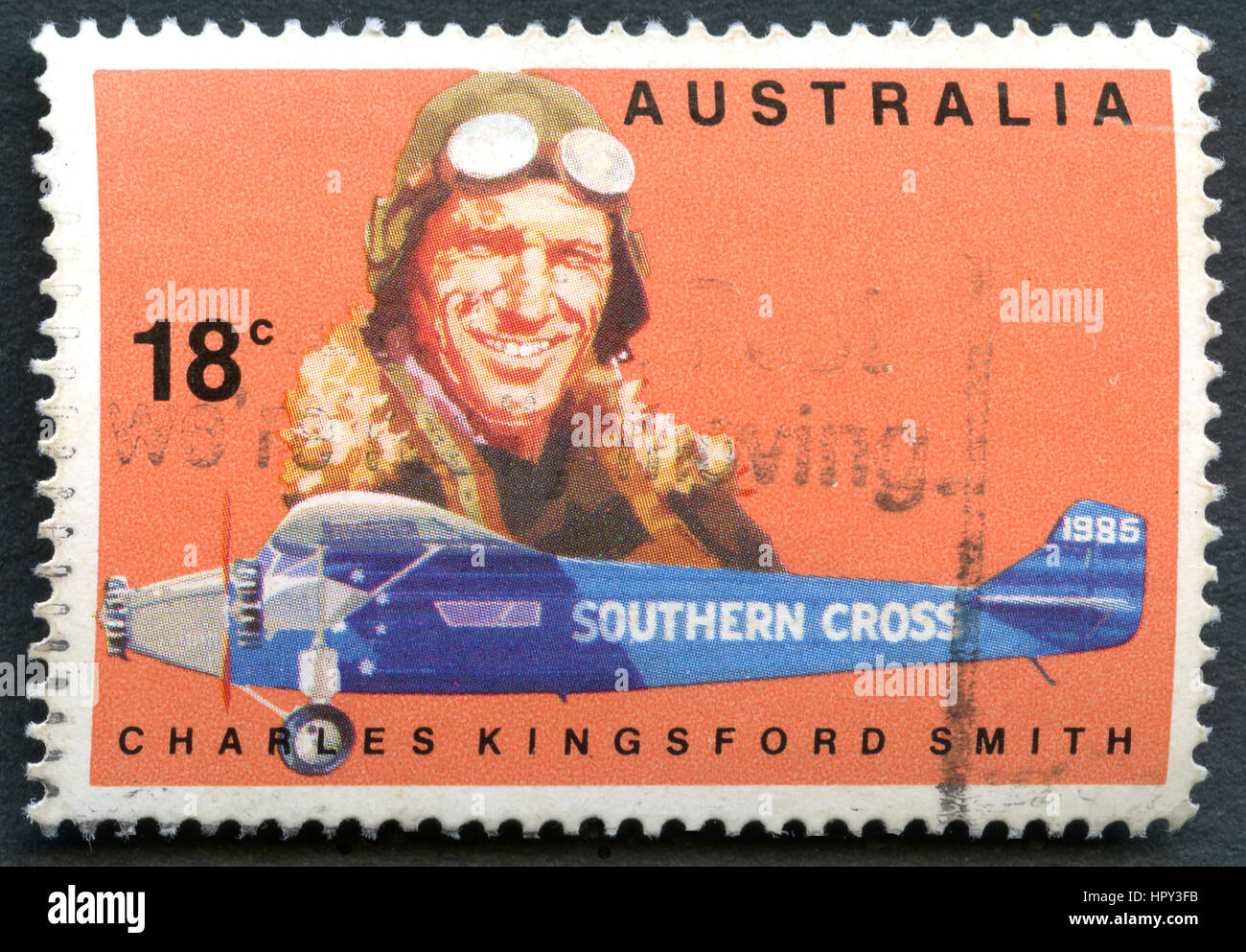 AUSTRALIA - CIRCA 1978: A used postage stamp from Australia, depicting a portrait of early Australian aviator Charles Kingsford Smith, circa 1978. Stock Photo