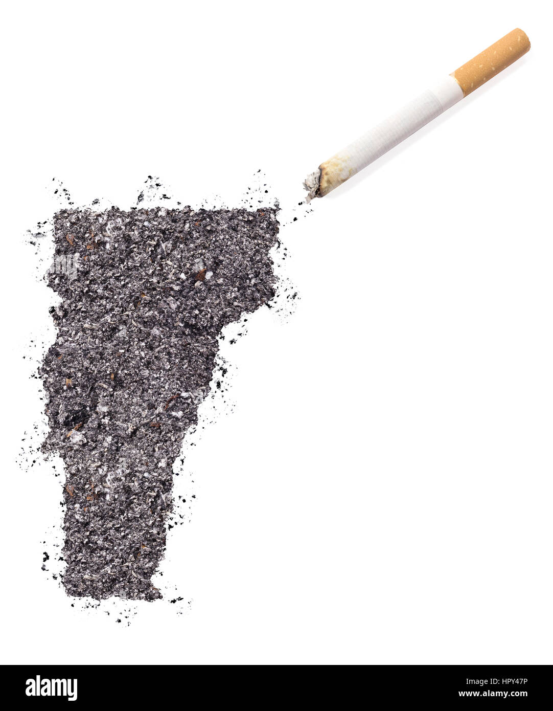 The country shape of Vermont made of tobacco ash and a cigarette