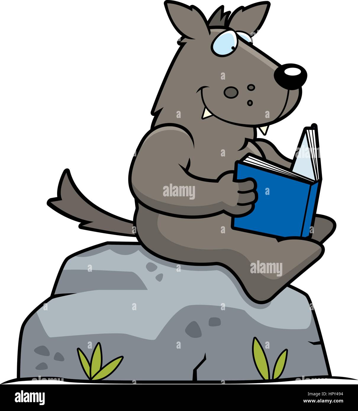 A cartoon wolf sitting on a rock reading a book. Stock Vector