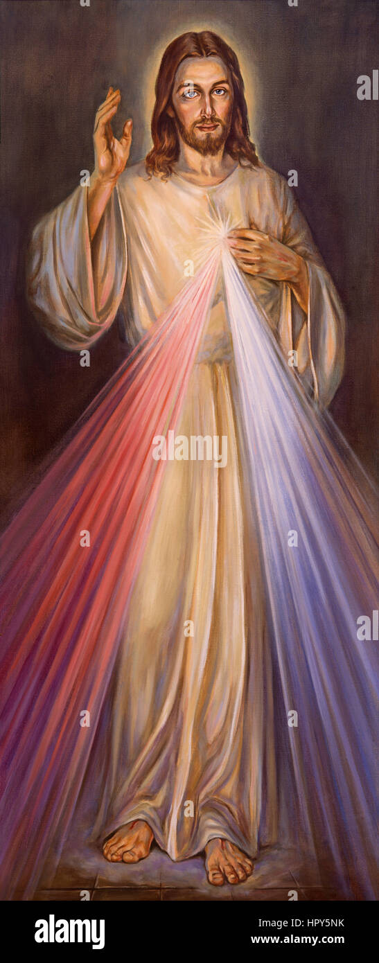 BERLIN, GERMANY, FEBRUARY - 15, 2017: The painting of traditional Divine Mercy of Jesus in church Rosenkranz Basilica by unknown artist of 20. cent.. Stock Photo