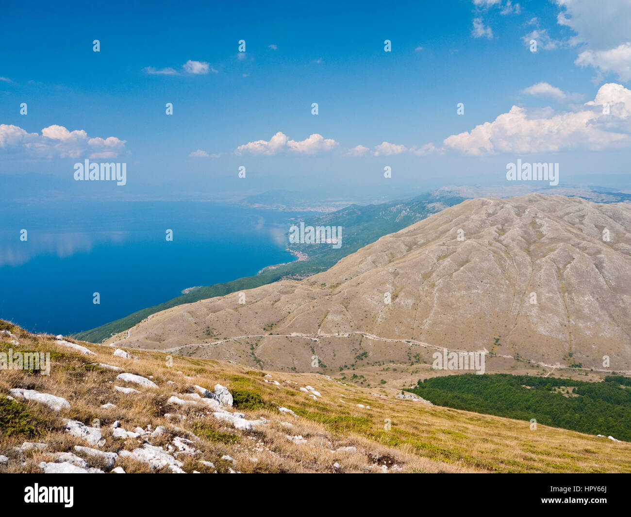 UNESCO protected lake Ohrid and the mountains of Galicica National Park, Republic of Macedonia. Stock Photo
