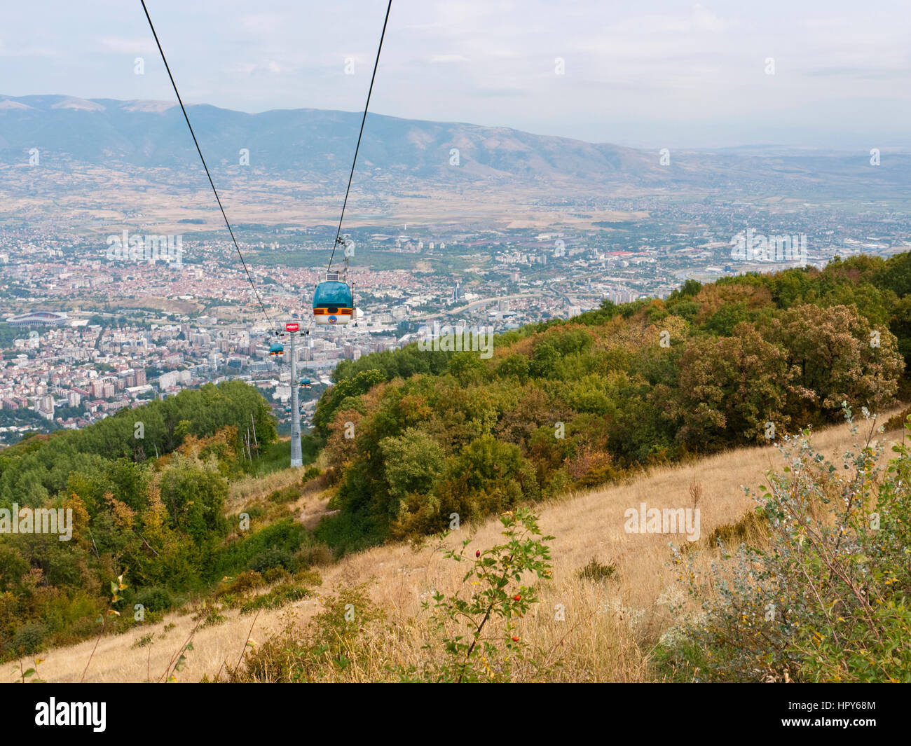 Spectacular panoramic views over Skopje, capital of Macedonia, from the cable car ascent of Mount Vodno (1066m) Stock Photo