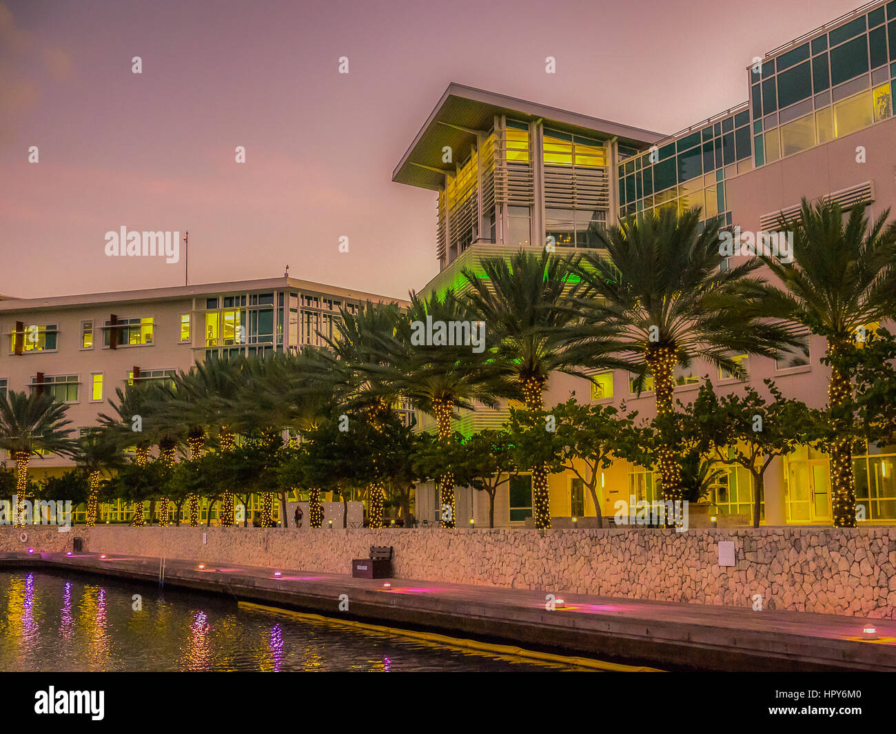 Grand Cayman, Cayman Island, Nov 2016, view of The Crescent in Camana Bay a Caribbean waterfront modern town at dusk decorated for Christmas Stock Photo