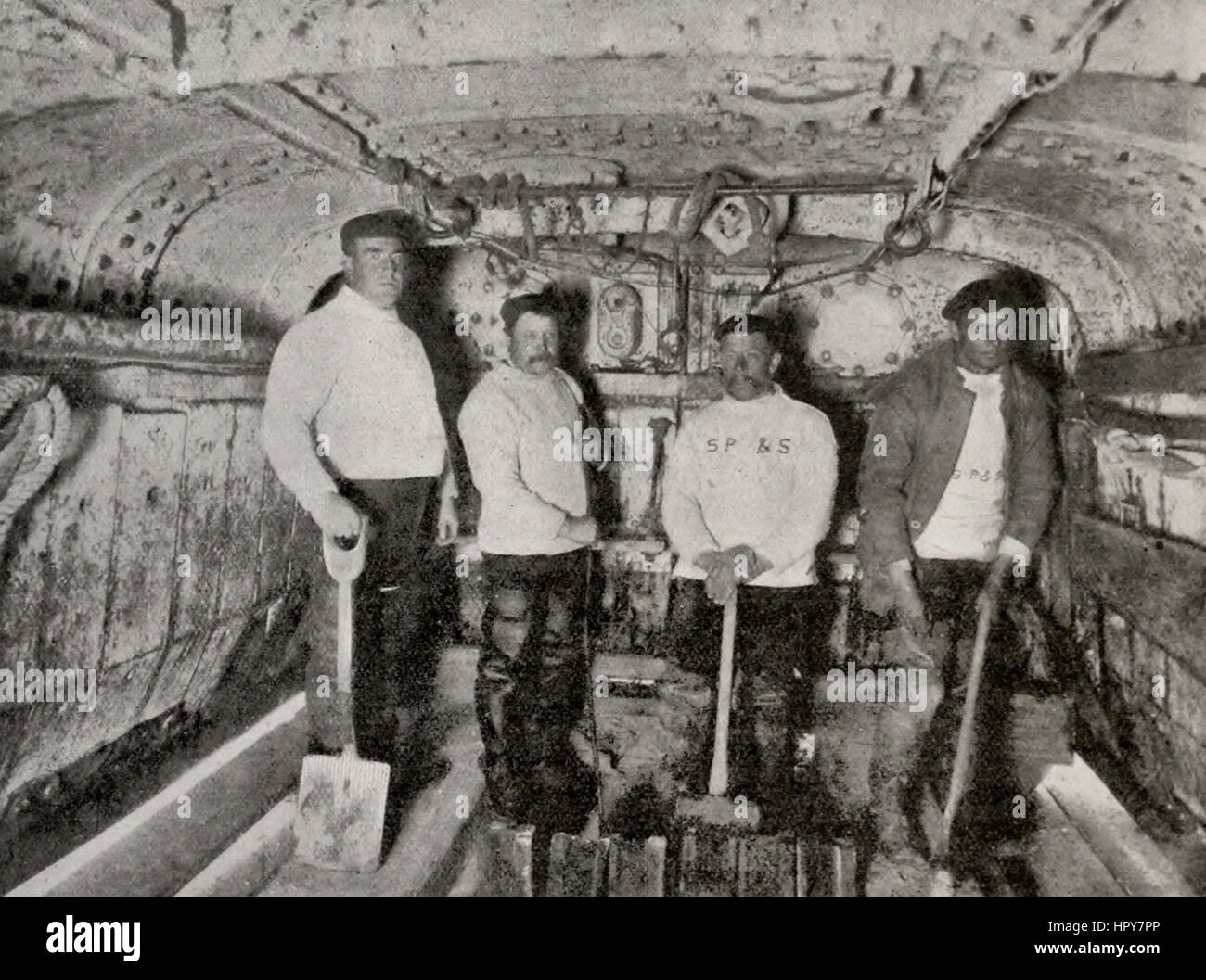 Inside one of the diving bells used for levelling the sea bottom for the concrete blocks, Dover Harbour Works, circa 1909 Stock Photo