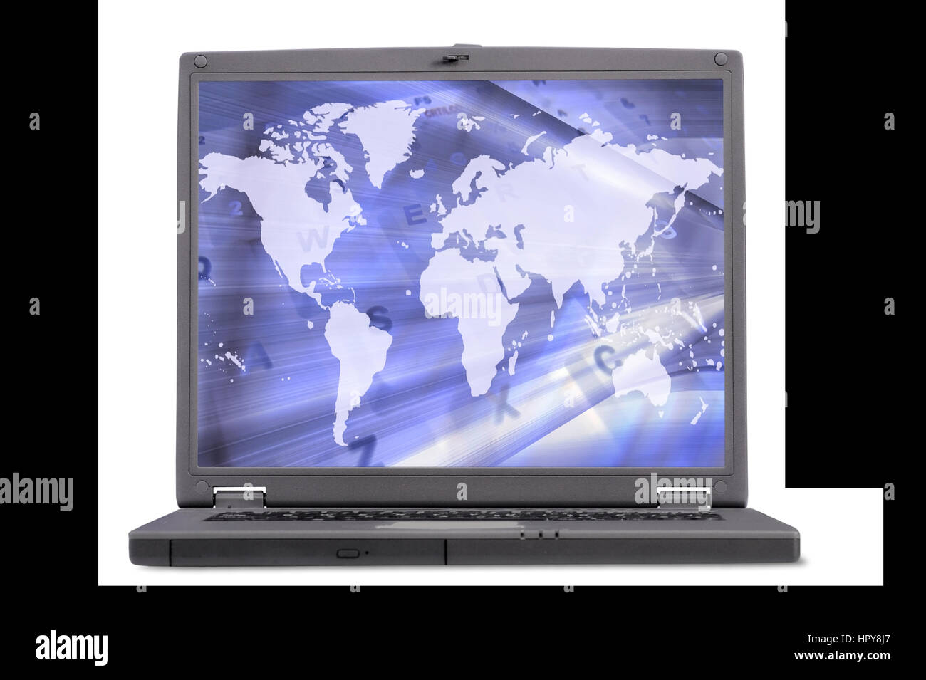 laptop view from the front with an abstract world map on the screen Stock Photo