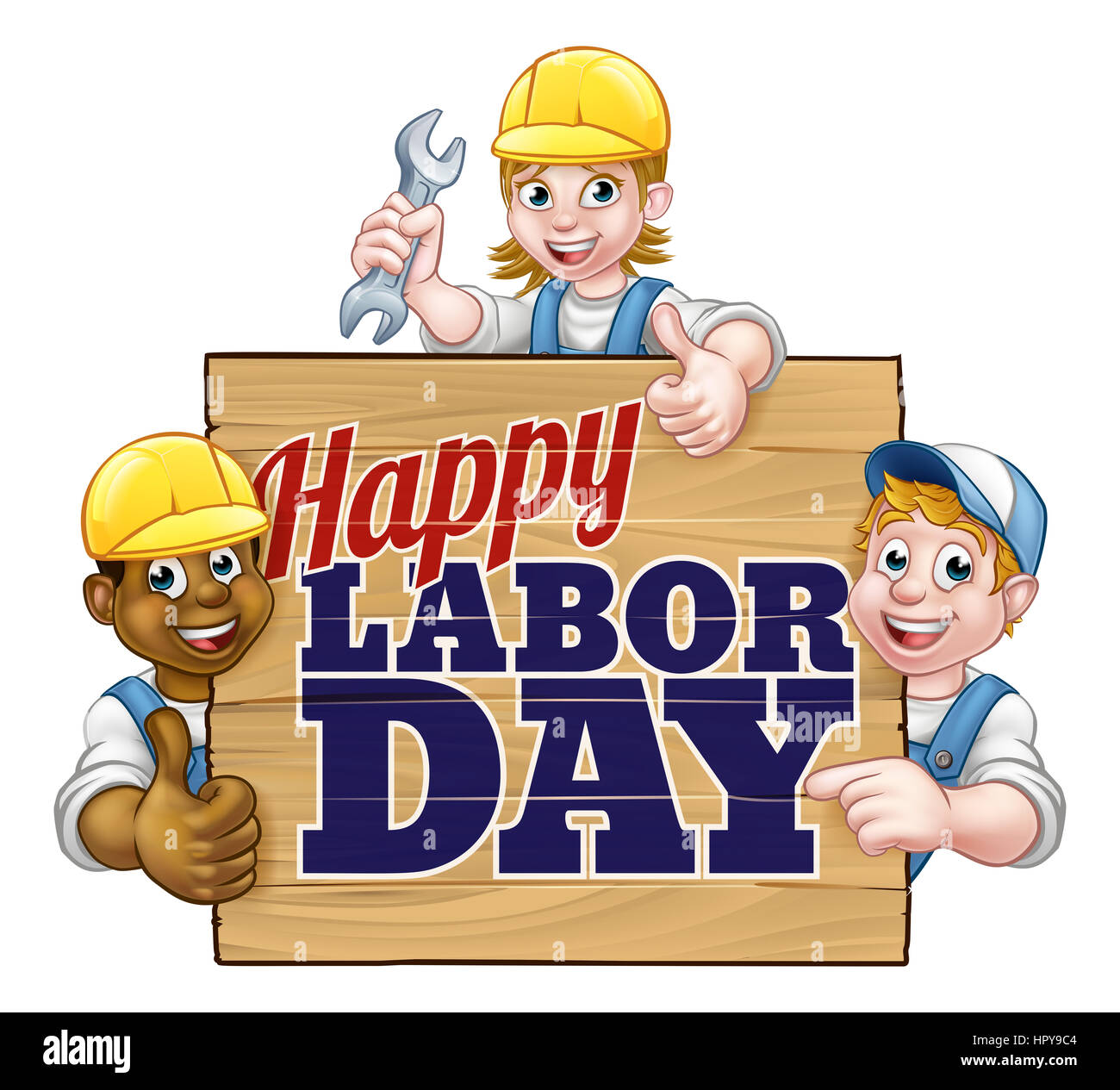 A Happy Labor Day sign design with cartoon workers Stock Photo Alamy