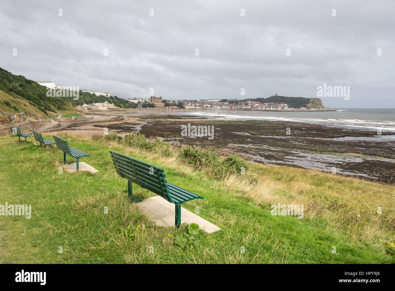 Bench with view of Scaborough, a seaside town on the east coast of England. Stock Photo