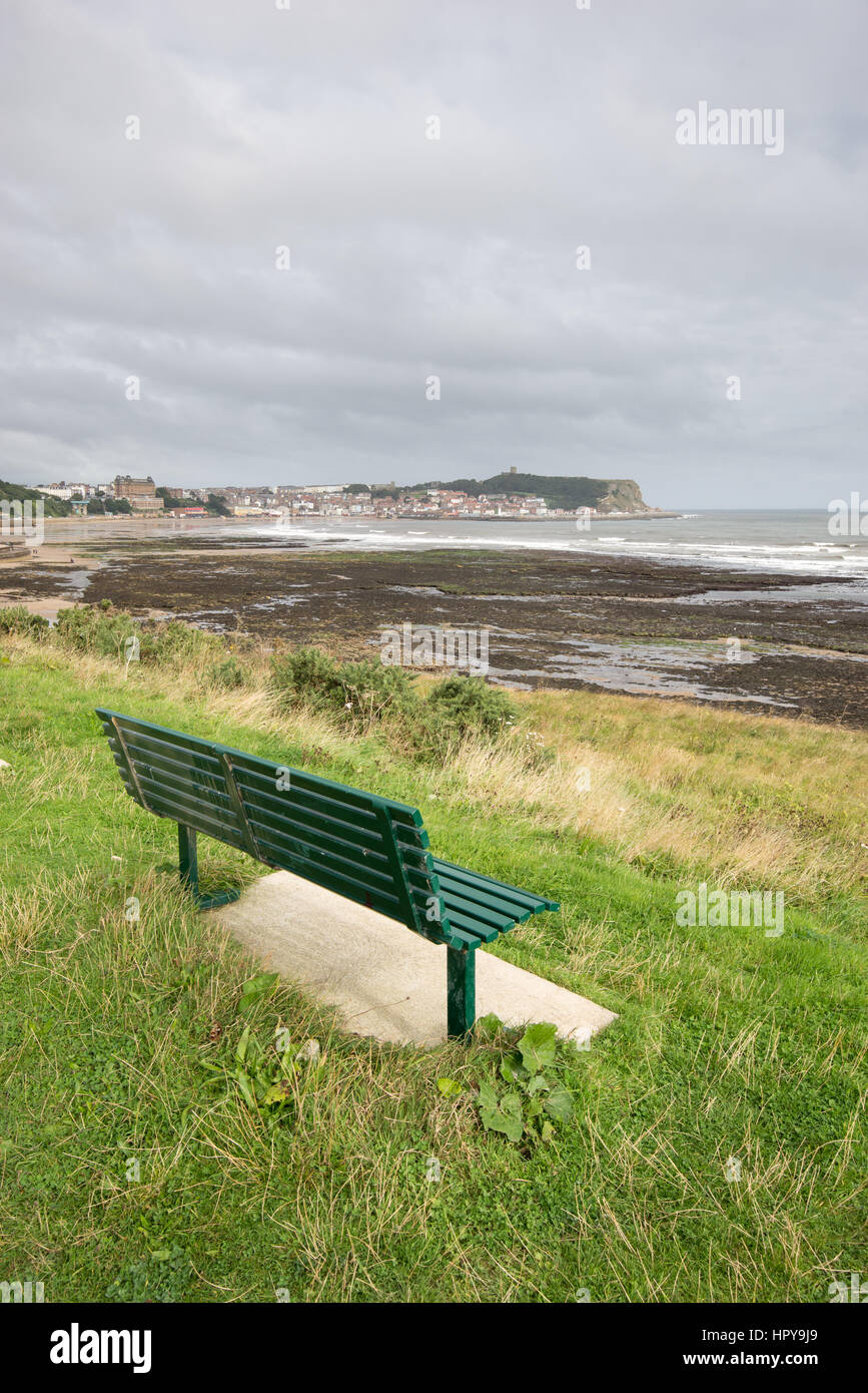 Bench with view of Scaborough, a seaside town on the east coast of England. Stock Photo