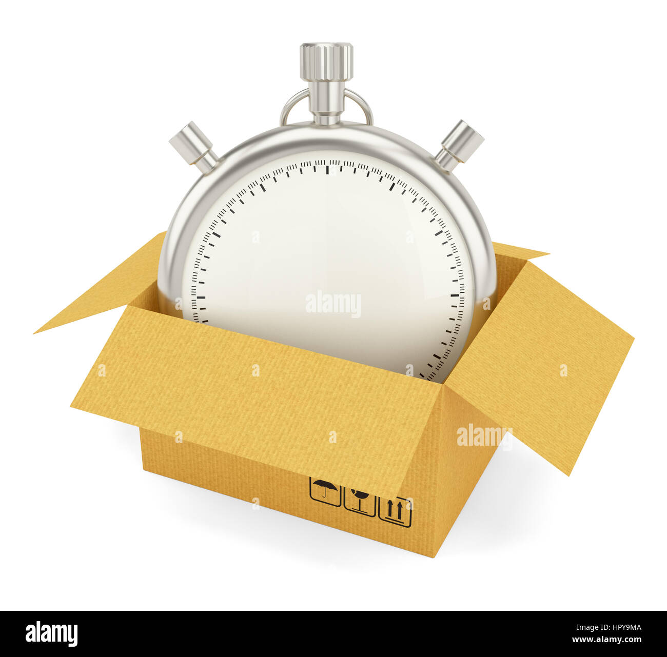 Open Cardboard Box with Stopwatch Stock Photo - Alamy