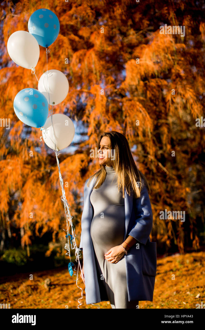 Young pregnant woman walks in autumn park with balloons in hand Stock ...