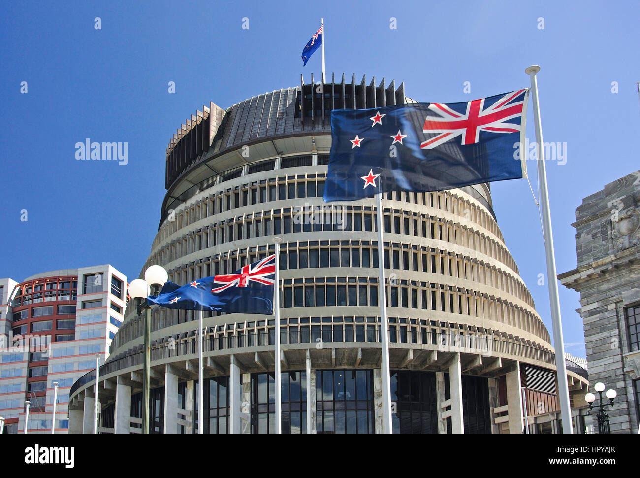 New Zealand Government 'Beehive' Parliament Building. Lambton Quay, Wellington, Wellington Region, North Island, New Zealand Stock Photo