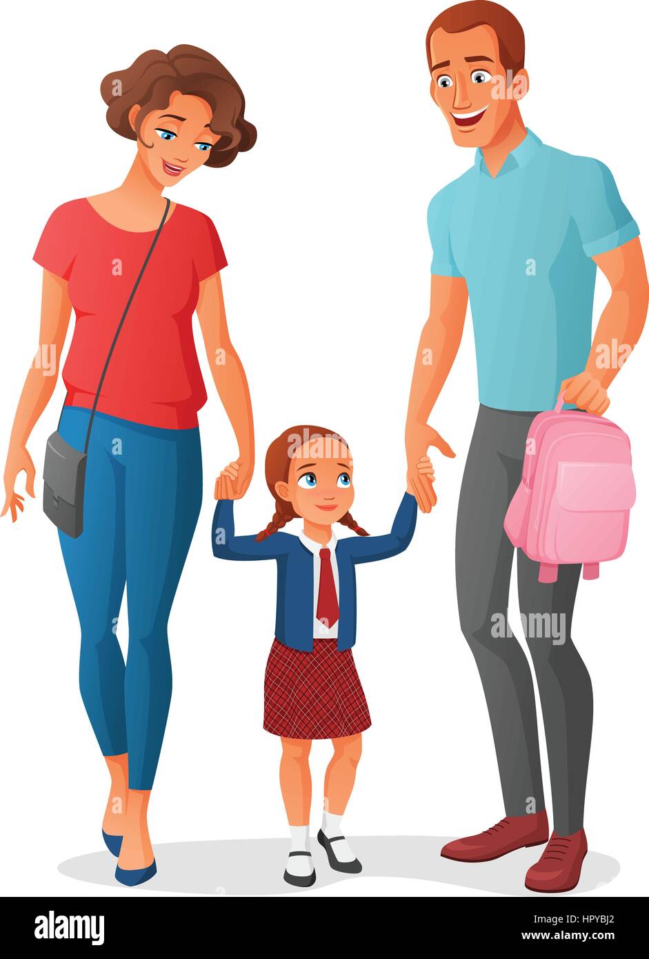 Young little girl in school uniform is going to school at the first time with her parents holding hands. Cartoon vector illustration isolated on white Stock Vector