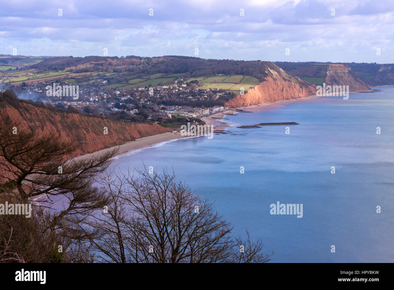 Overhead aerial view of Sidmouth Devon from South West Coastal Path at