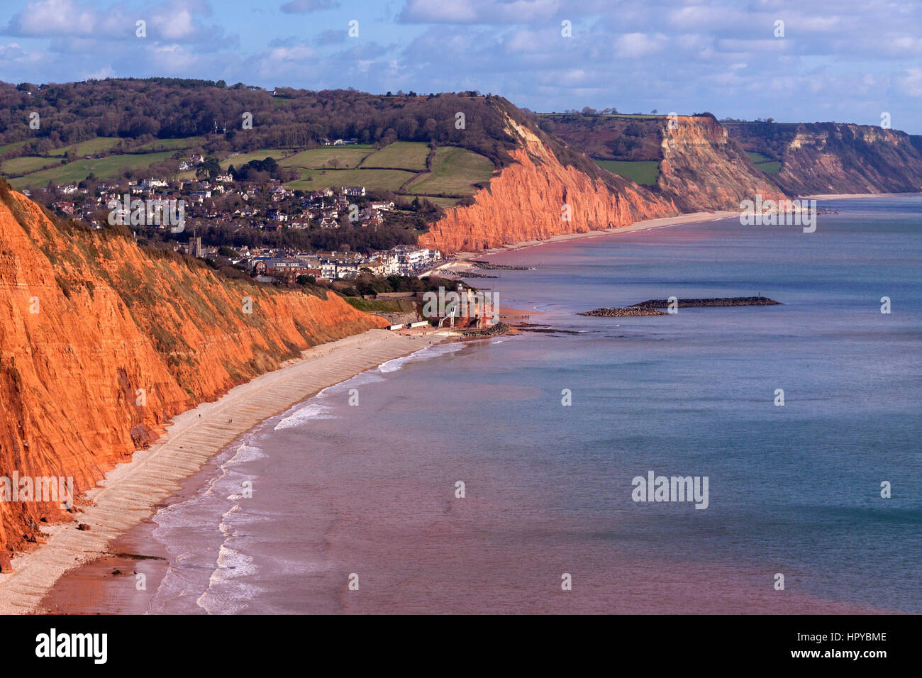 Overhead aerial view of Sidmouth Devon from South West Coastal Path on