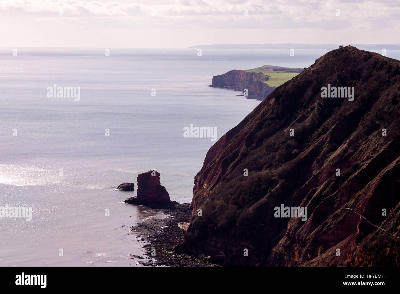 Sidmouth. High Peak rising above the Picket rocks and sea between