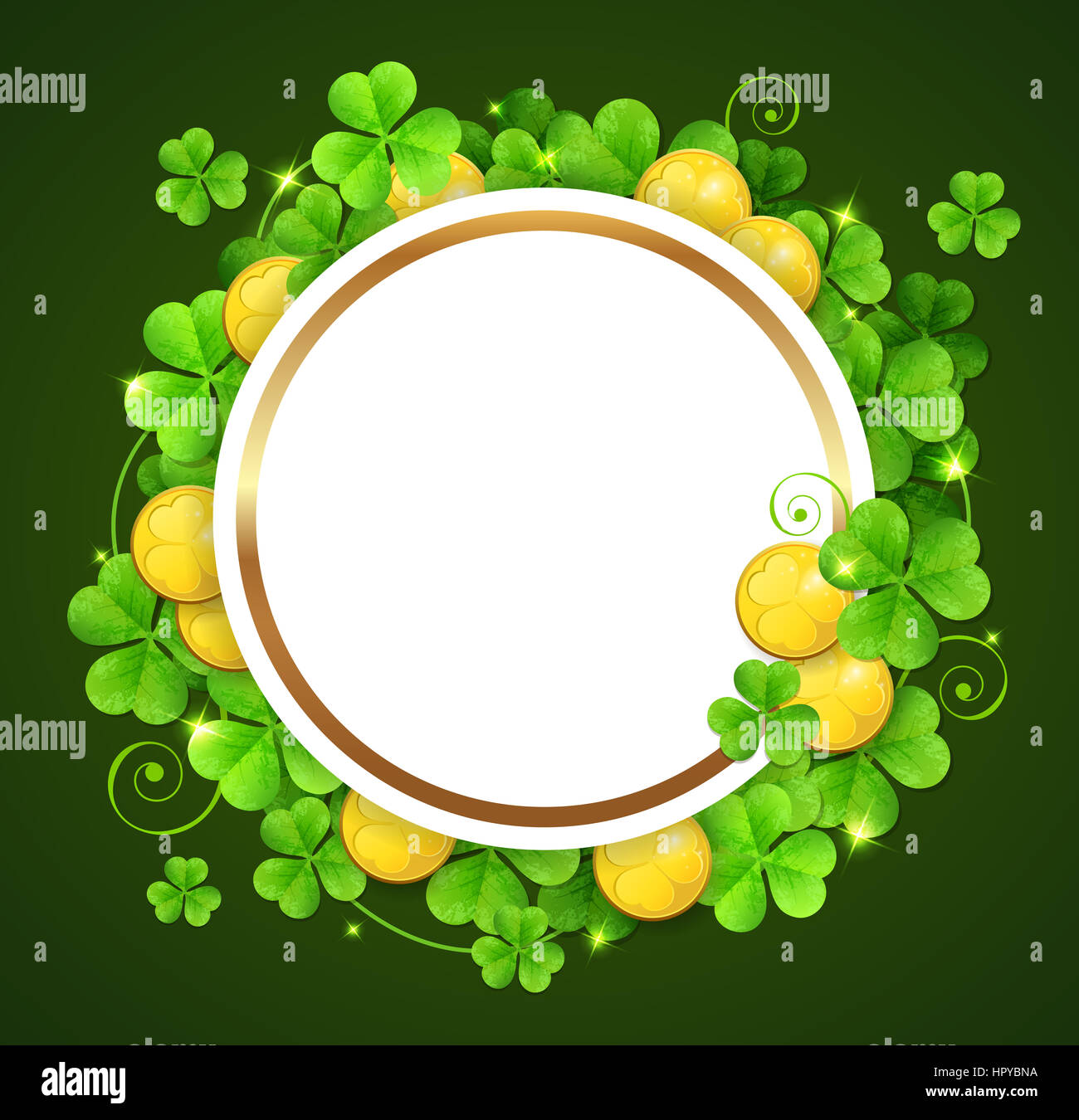 Clover leaves and golden coins on a green background. Design for St ...