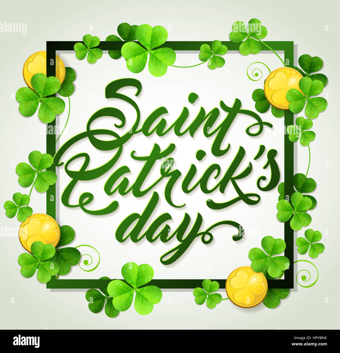 Clover leaves and golden coins in a green frame. Background for St ...