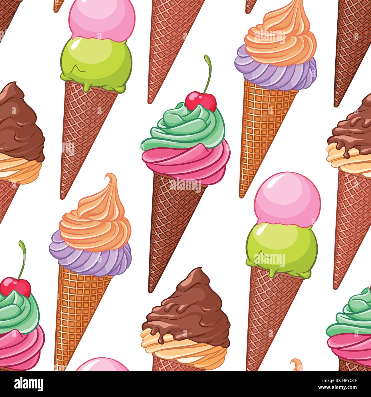Bright colorful various ice cream cones seamless vector pattern on ...