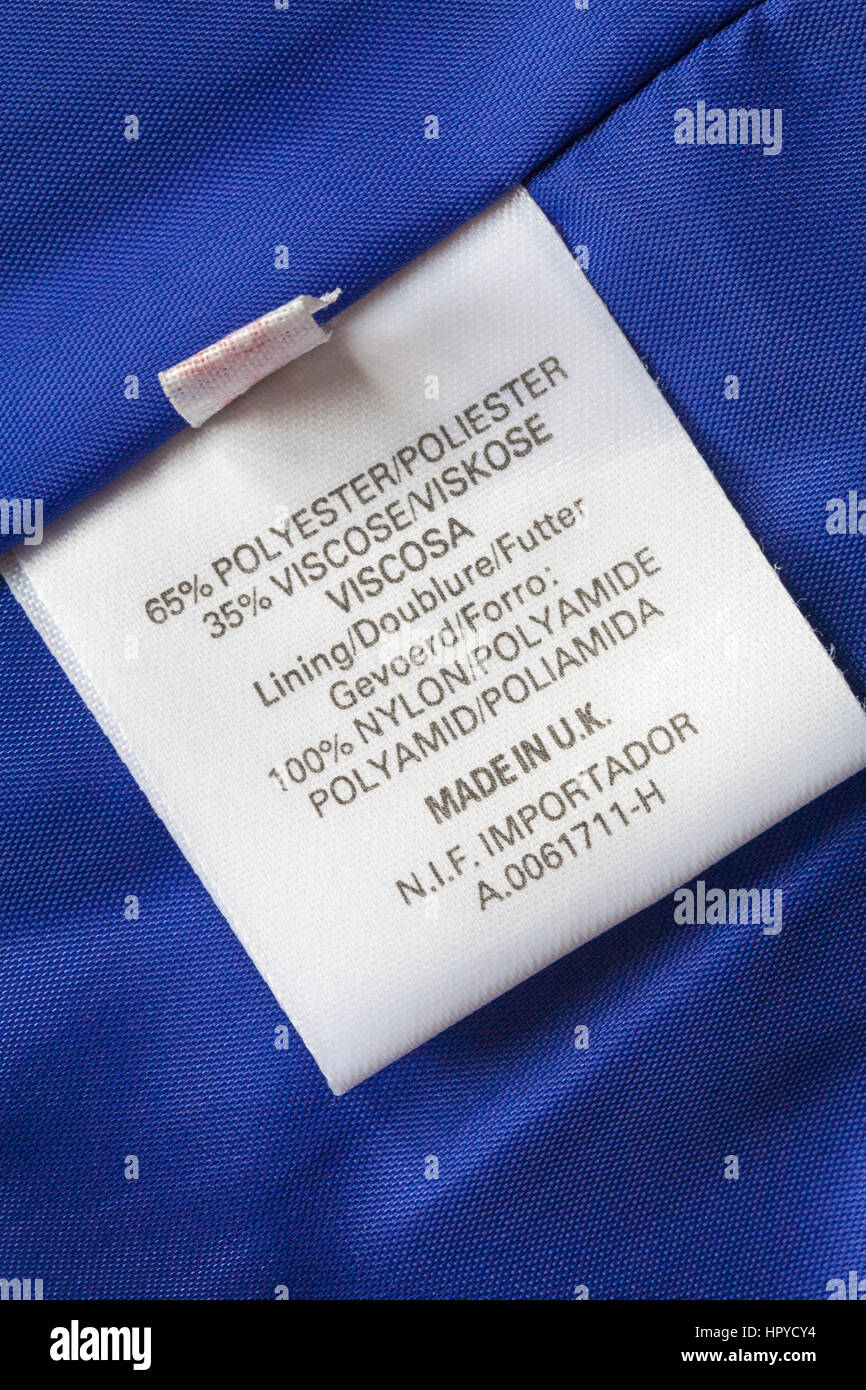 label in blue jacket made in UK 65% polyester 35% viscose lining 100% ...