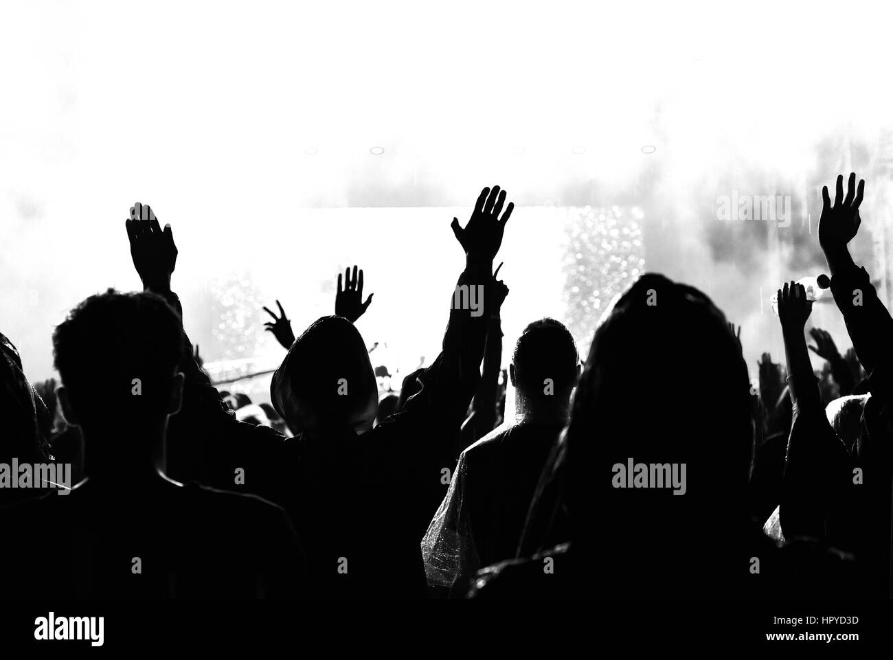 Crowd cheering and hands raised at a live music concert Stock Photo